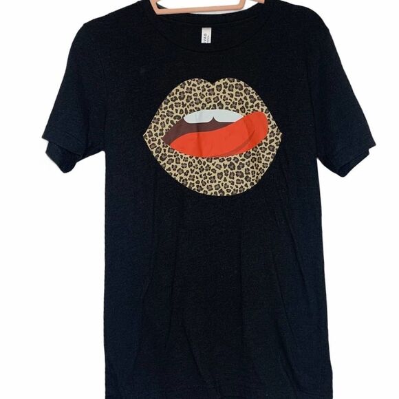 Black Leopard Print Lips and Tongue Graphic Tee - Picture 1 of 6